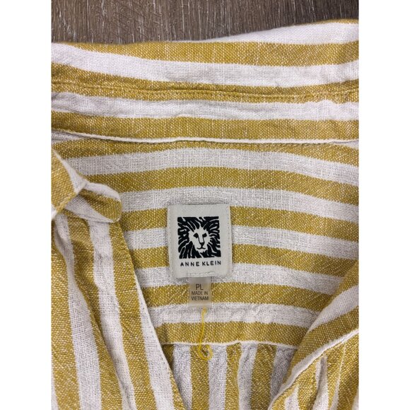 Anne Klein Womens Mustard & White Striped Button-Up Linen Shirt PL Roll-Tab Slee - Picture 2 of 6